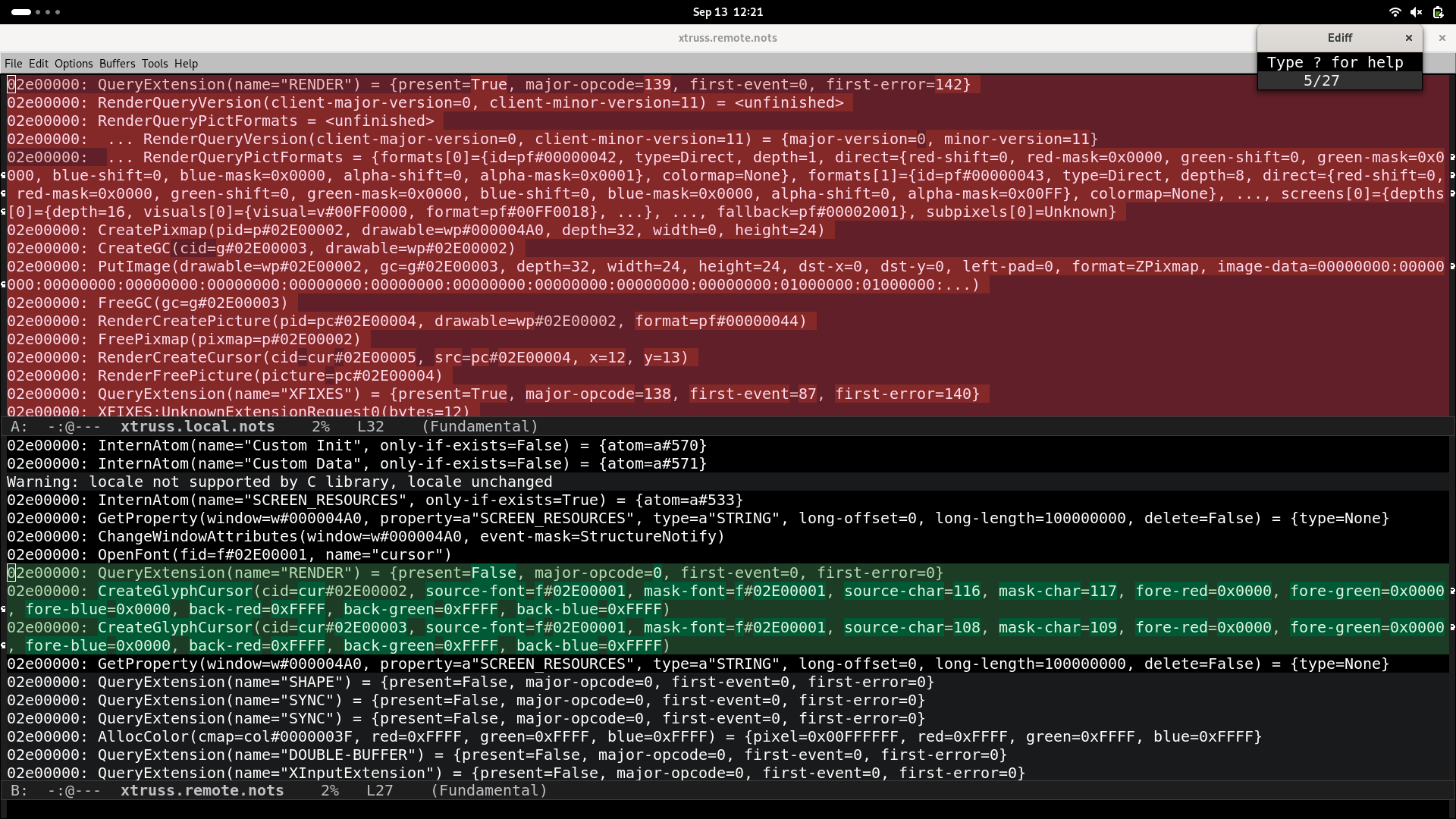 A screenshot of Emacs showing two buffers, xtruss.local.nots on top and xtruss.remote.nots below it. The top buffer contains a large highlighted region which starts "QueryExtension(name="RENDER") = {present=True". The bottom buffer contains a smaller highlighted region which starts "QueryExtension(name="RENDER") = {present=False"