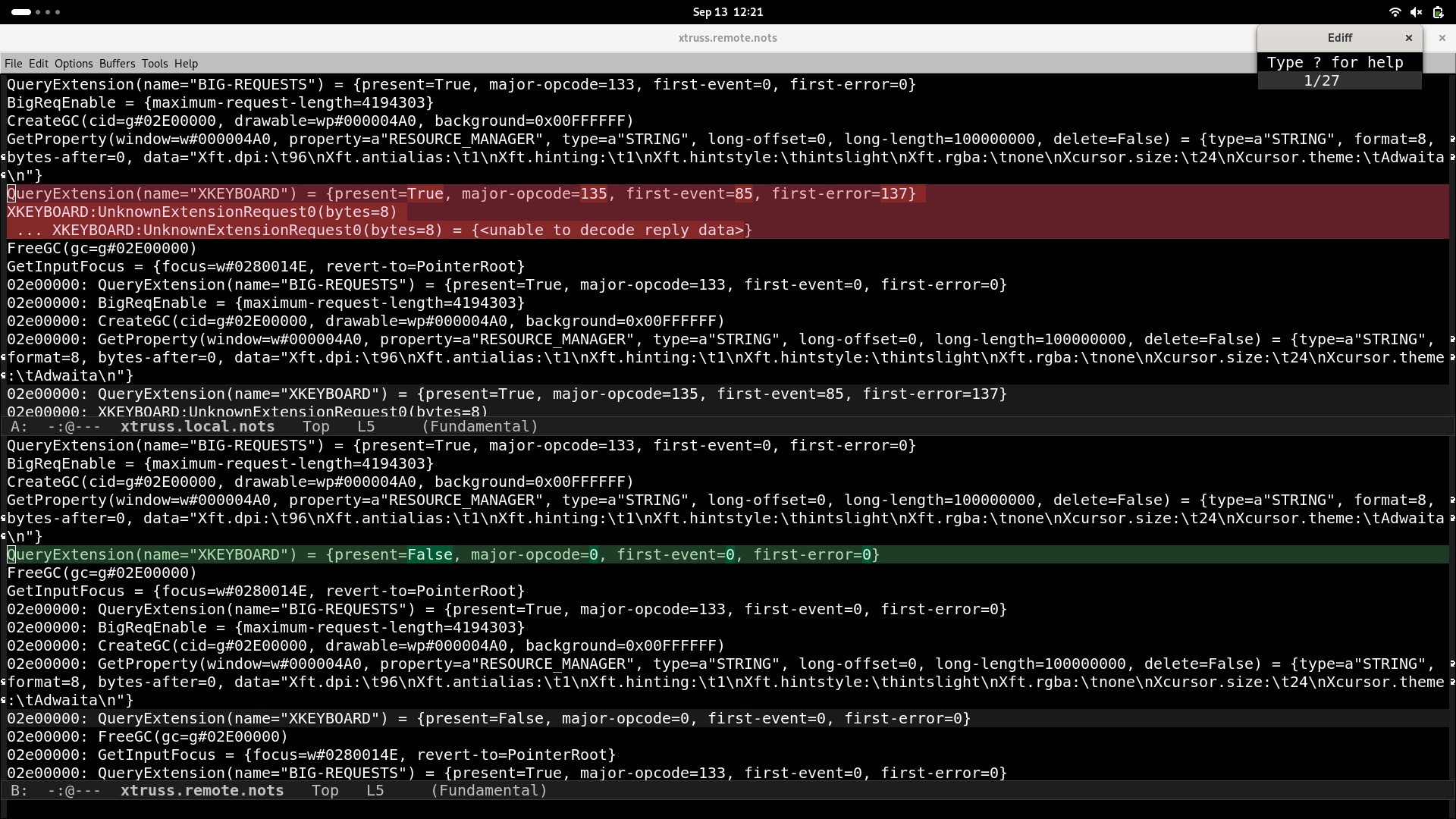 A screenshot of Emacs showing two buffers, xtruss.local.nots on top and xtruss.remote.nots below it. In the top buffer, a line starting "QueryExtension(name="XKEYBOARD") = {present=True" is highlighted. In the bottom buffer, a line starting "QueryExtension(name="XKEYBOARD") = {present=False" is highlighted